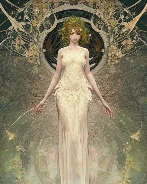 Prompt: Floralpunk elysian Maiden of radiant light wearing ivory lace dress made of stardust by Ruan Jia and artgerm, award winning art, Artstation, art nouveau aesthetic, Alphonse Mucha background