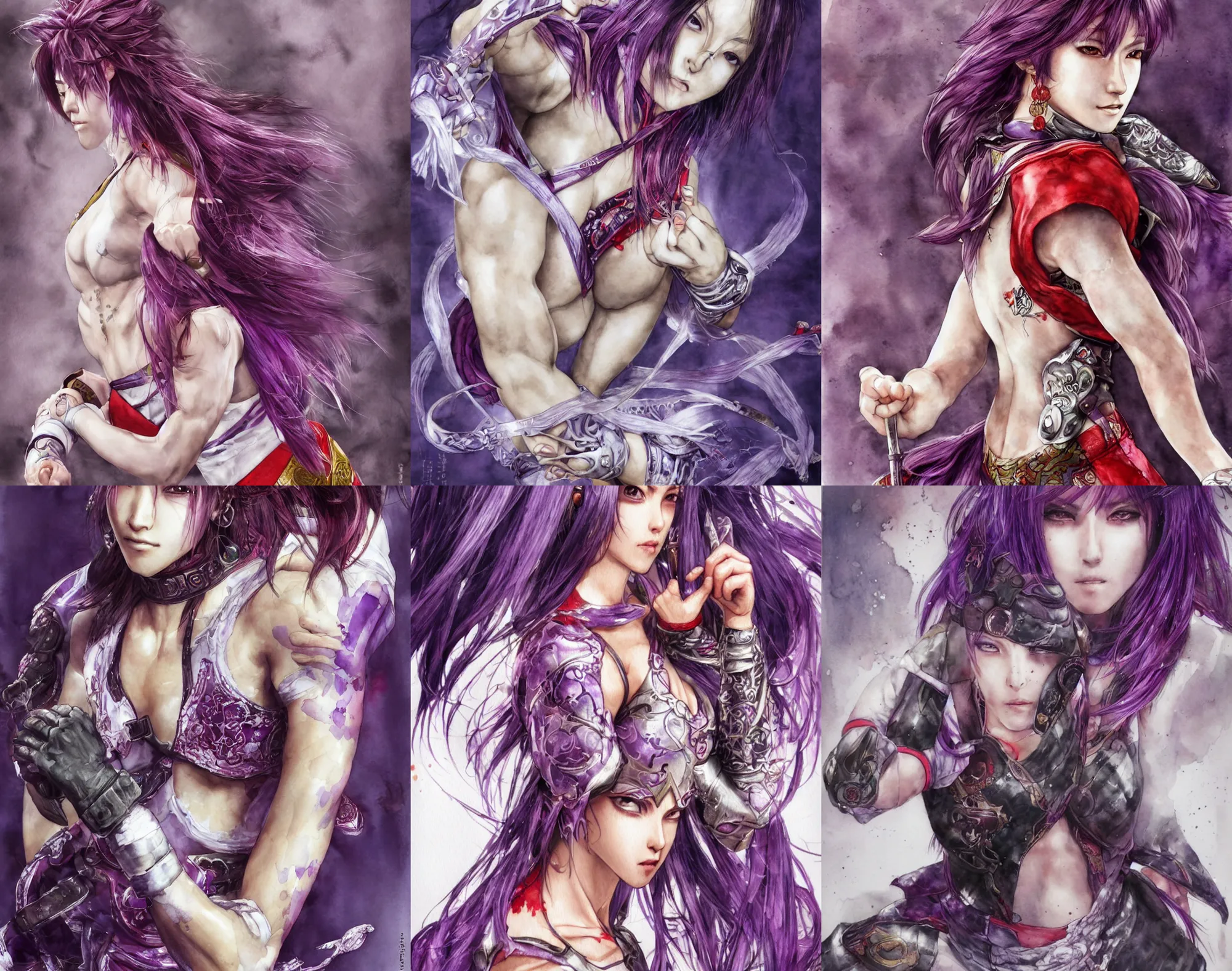 Prompt: illustration of a female martial artist with olive skin and purple hair wearing white with red sleeves, by Yoshitaka Amano, key art, highly detailed, watercolor, warm tones