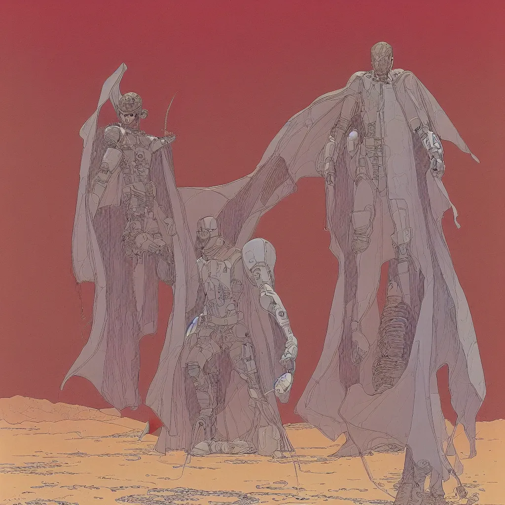 Prompt: a beautiful lcentered illustration by jean giraud and moebius of a man with a fine cloak white, pieces of cyborgs on the floor, ruined, desert, intrincate, super detailed, mega futurism scheme, devianart, by jean giraud and moebius