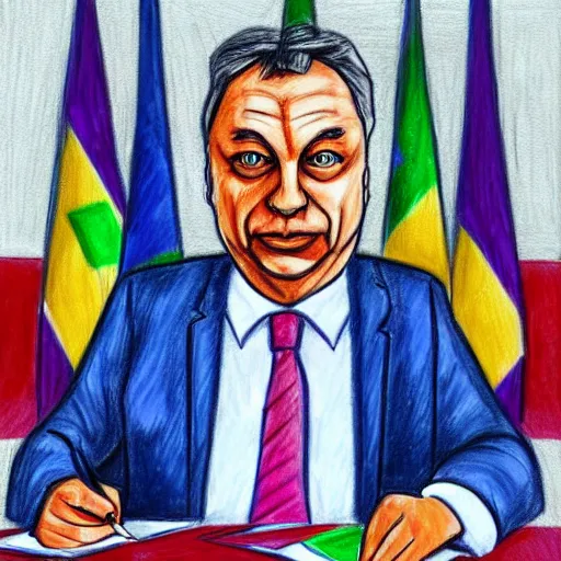 Image similar to viktor orban drawing doodles in a cubicle, oil painting