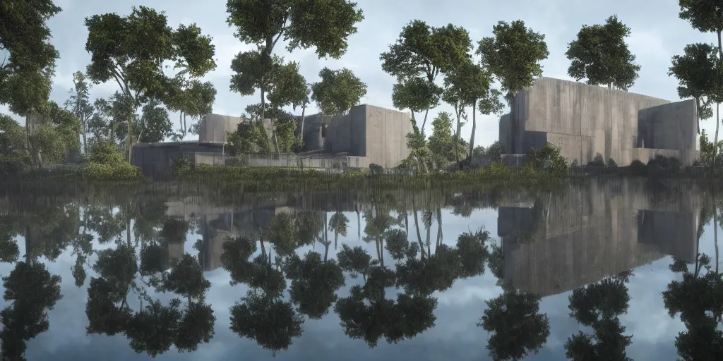 Prompt: an extremely detailed cathedral of brutalist architecture, surrounded by lush green forest, accurate reflections in murky ponds of water, stunning volumetric lighting, sunset, rusted steel, smooth concrete, stunning skies, trending on Artstation, 8k, photorealistic, hyper detailed, unreal engine 5, IMAX quality, cinematic, epic lighting, in the style of Doom and Greg Rutkowski