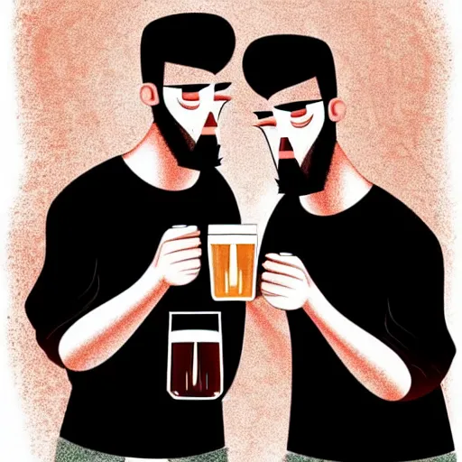 Prompt: two beautiful chad men drinking beers, hearts, friendship, love, sadness, dark ambiance, concept by Godfrey Blow, featured on deviantart, drawing, sots art, lyco art, artwork, photoillustration, poster art