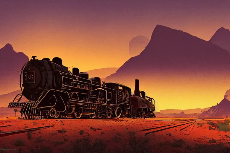 Prompt: idyllic old western train station illustration by syd mead, artstation, 4 k, graphic novel, concept art, matte painting, steam engine, beautiful mountain desert sunset background, golden hour