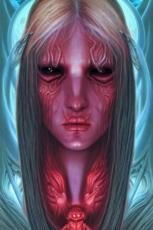 Image similar to female demon in the wild nature, dressed, blonde hair, symmetry, sci - fi, dark fantasy, by wayne barlowe