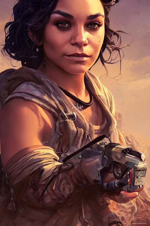 Prompt: Vanessa Hudgens as an Apex Legends character digital illustration portrait design by, Mark Brooks and Brad Kunkle detailed, gorgeous lighting, wide angle action dynamic portrait