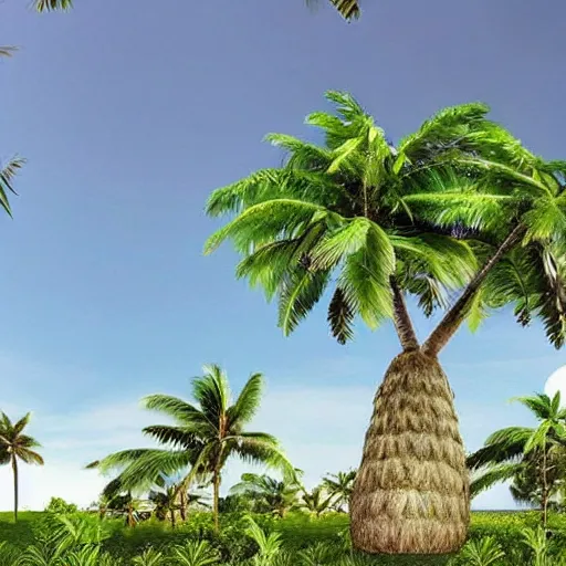 Image similar to a tropical coconut tree merging into more trees to create one super coconut tree of life that generates a coconut as large as the world to create a new species award winning