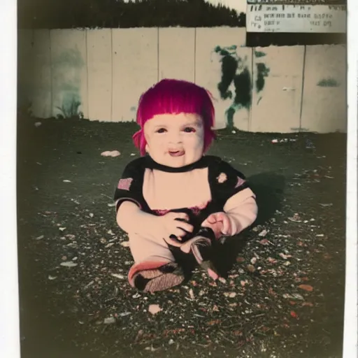 Prompt: polaroid of a punk rock baby at a landfill