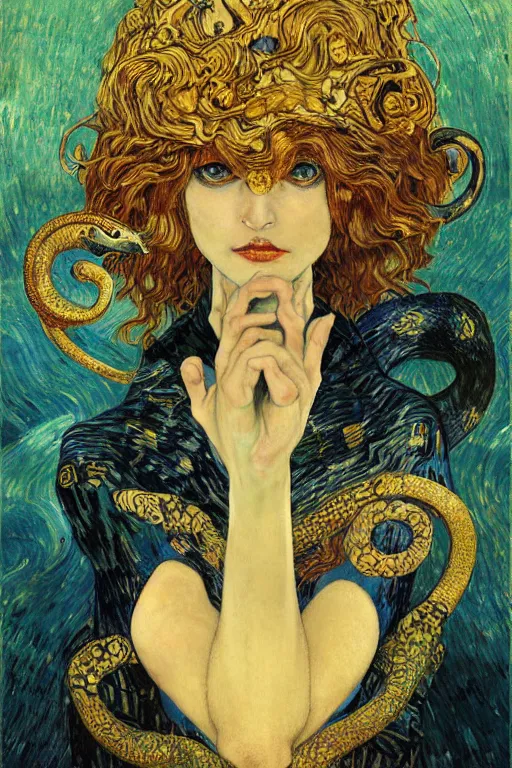 Image similar to Kirisame marisa, touhou project by Karol Bak, Jean Deville, Gustav Klimt, and Vincent Van Gogh, portrait of a sacred serpent, Surreality, otherworldly, fractal structures, arcane, ornate gilded medieval icon, third eye, spirals