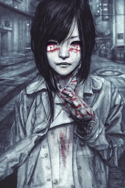 Prompt: grunge portrait of a Japanese creepy nurse girl, wearing a straight jacket in a busy Tokyo street at night, intricate artwork, nightmare fuel, terrifying, by akihiko yoshida , trending on artstation, greg rutkowski very coherent artwork. cinematic, hyper realism, high detail, octane render, 8k