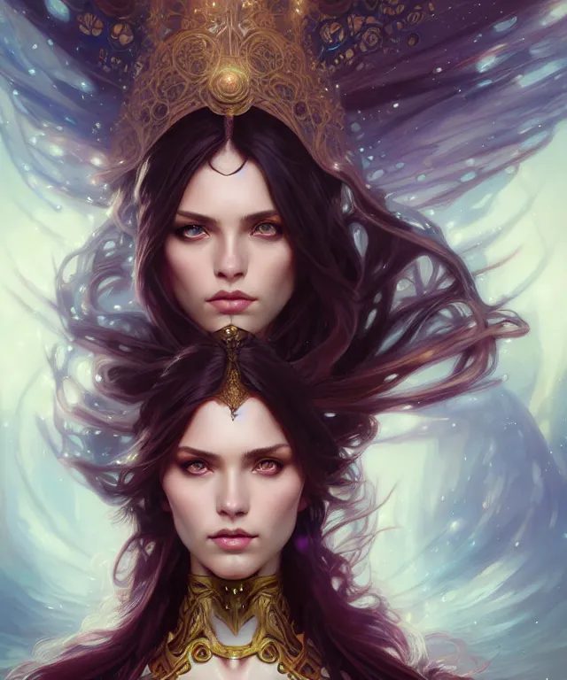 Image similar to fantasy magic woman portrait, sci-fi, amber eyes, face, long hair, fantasy, intricate, elegant, highly detailed, digital painting, artstation, concept art, smooth, sharp focus, illustration, art by artgerm and greg rutkowski and alphonse mucha