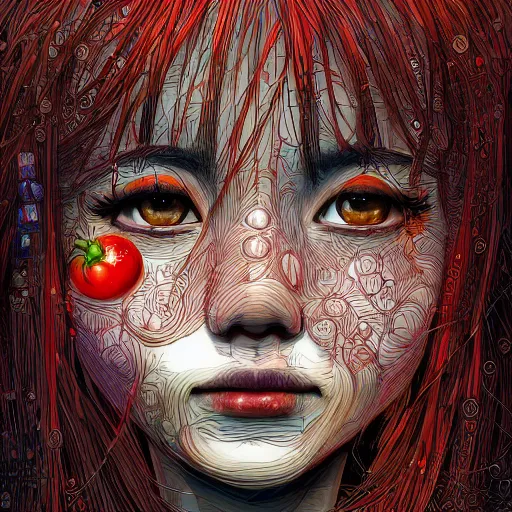 Prompt: the face of a ridiculously cute japanese girl partially made of tomatoes and grass, an ultrafine detailed illustration by james jean, final fantasy, intricate linework, bright colors, behance contest winner, vanitas, angular, altermodern, unreal engine 5 highly rendered, global illumination, radiant light, detailed and intricate environment