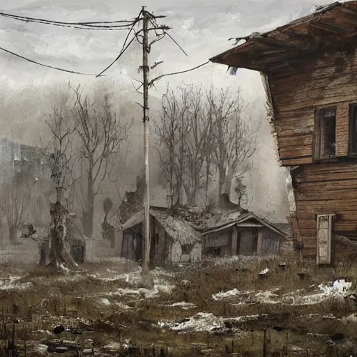 Prompt: painting of a abandoned post soviet town infested with humanoid root monsters by jakub rozalski