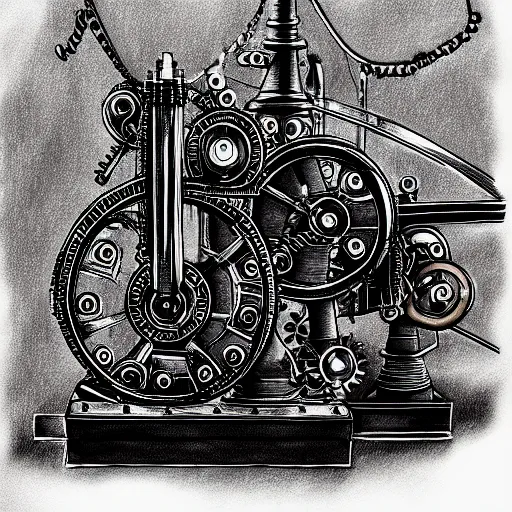 Image similar to sketch of steam punk machinery, fountain pen, white background,