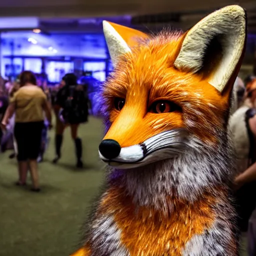 Image similar to portrait of a realistic fox fursuiter at a furry convention, indoors, realisitc photo