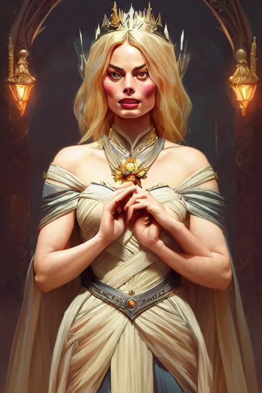 Image similar to Margot Robbie as a princess, fantasy, intricate, elegant, highly detailed, digital painting, artstation, concept art, matte, sharp focus, illustration, art by Artgerm and Greg Rutkowski and Alphonse Mucha