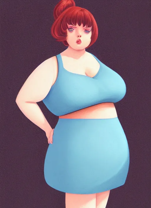 Image similar to full body portrait of teenage betty cooper, obese, bangs, sultry, realistic, sultry smirk, ponytail hairstyle, fluffy bangs, curly bangs, sky blue skirt, fat, belly, intricate, elegant, highly detailed, digital painting, artstation, concept art, smooth, sharp focus, illustration, art by wlop, mars ravelo and greg rutkowski