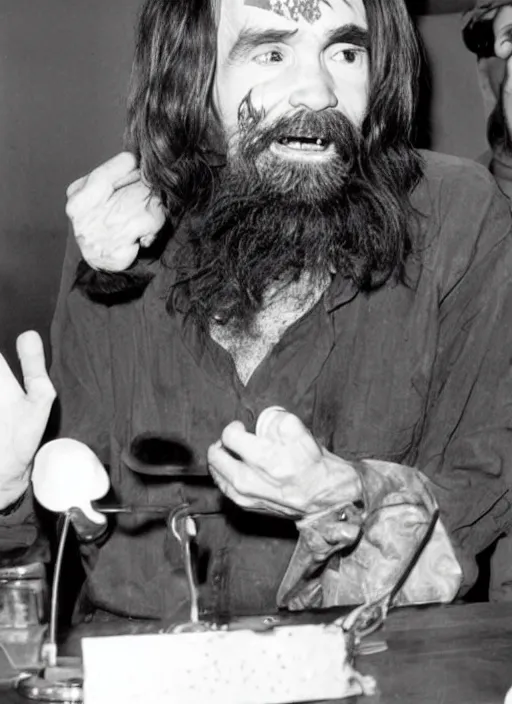 Prompt: charles manson hosting the muppet show
