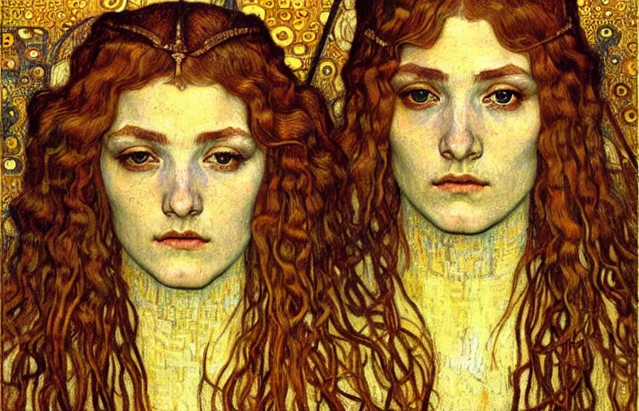 Image similar to detailed realistic beautiful young medieval queen face portrait by jean delville, gustav klimt and vincent van gogh, art nouveau, symbolist, visionary, gothic, pre - raphaelite, muted earthy colors, desaturated