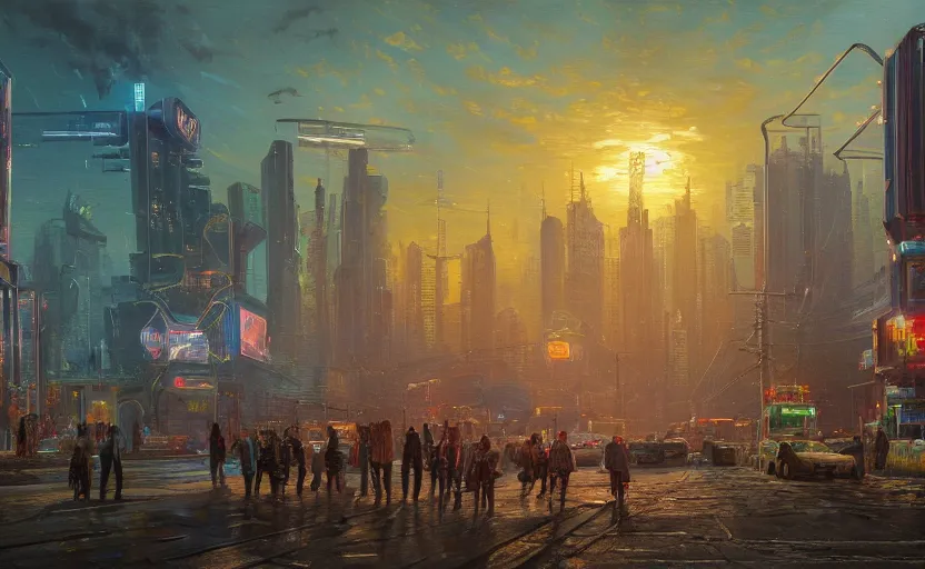 Prompt: A beautiful and intricate oil painting of Cyberpunk midsommar celebration, hyperrealism concept art, dystopian celebration, swedish urban landscape, volumetric lighting, raytracing, cinematic widescreen shot, 8k resolution, ultra realistic painting by Simon Stalenhag and Thomas Kinkade