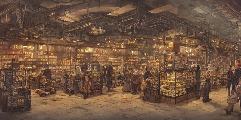 Image similar to Steampunk grocery store overview mapa design, Moebius, Greg Rutkowski, Zabrocki, Karlkka, Jayison Devadas, Phuoc Quan, trending on Artstation, 8K, ultra wide angle, pincushion lens effect