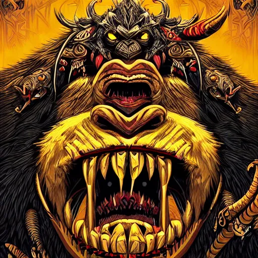 Image similar to close - up view of barong family member, wiwek, bleeding fangs, viking beard, mara demon, one single tribe member, jungle, gorilla, tribals, art by dan mumford and justin gerard