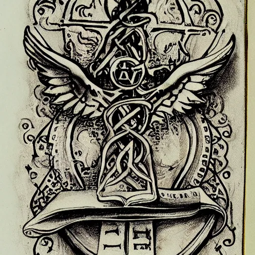 Image similar to magic holy fire iconography old book vintage bible occult rune sketch alchemy ink