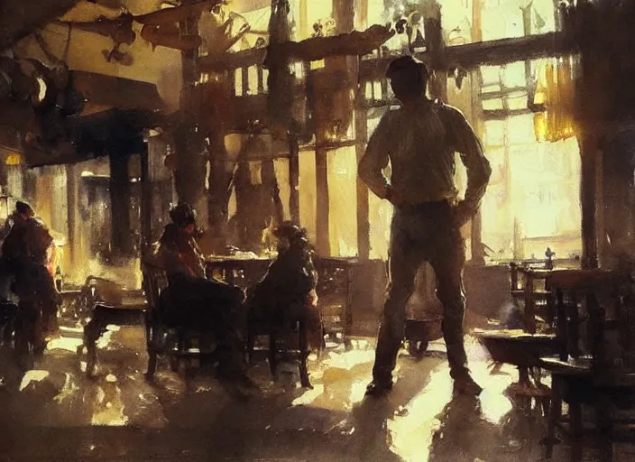 Prompt: oil watercolor painting of young guy in western bar, mysterious light, art by anders zorn, wonderful masterpiece by greg rutkowski, beautiful cinematic light, american romanticism by greg manchess, creation by tyler edlin