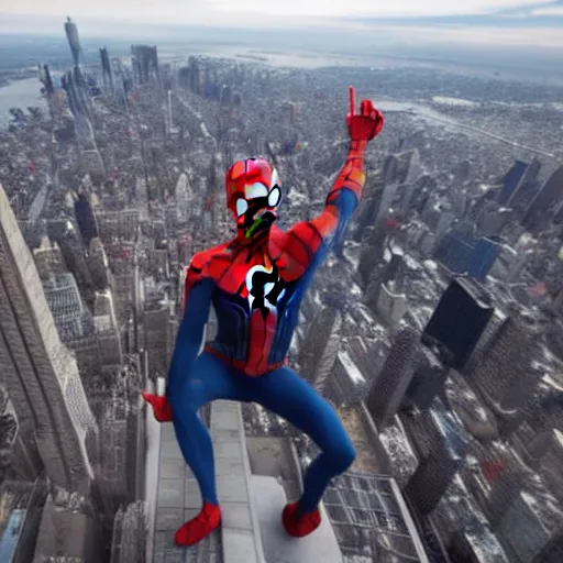 Image similar to marvel spider - man from back standing on top of the empire state building