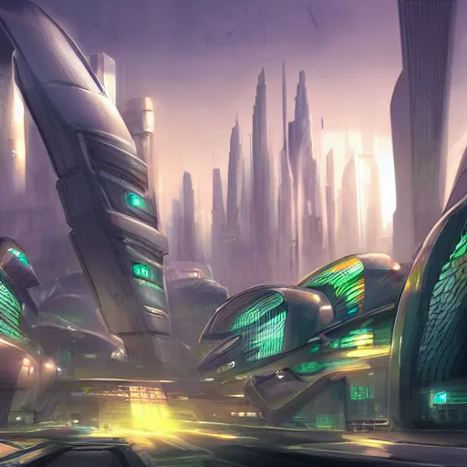 Image similar to futuristic city under alien invasion, concept art, trending artstation