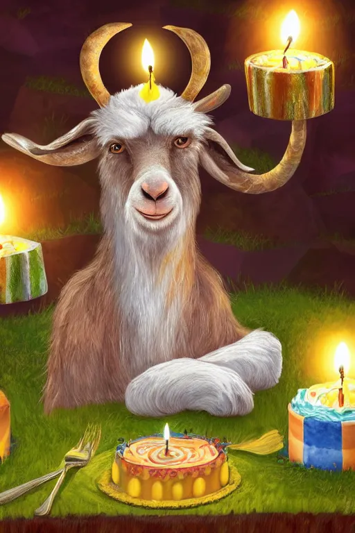 Prompt: an elderly goat with a long white beard, sitting in front of a birthday cake with lit candles, in the style of a children's book illustration, cute, highly detailed digital art