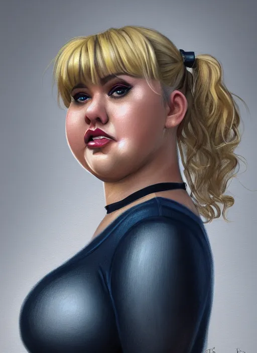 Image similar to full body portrait, teenage betty cooper, blonde hair, obese, bangs, ponytail, sultry, realistic, sultry smirk, fluffy bangs, curly bangs, fat, belly, beautiful girl, intricate, elegant, highly detailed, digital painting, artstation, concept art, smooth, sharp focus, illustration, art by wlop, mars ravelo and greg rutkowski