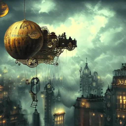 Prompt: A flying steampunk city in the stormy clouds at night, high quality digital art