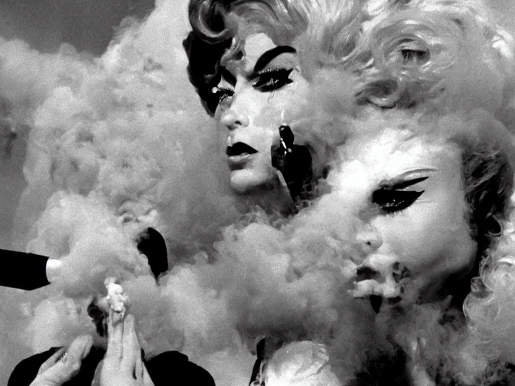 Image similar to Film still of a single glamorous drag queen with heavy makeup and a big wig smoking a cigarette in a Federico Fellini film, 8 1/2, la dolce vita, highly detailed, 8k, cinematic