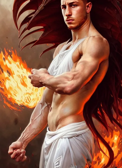 Image similar to portrait of aggressive eden hazard, d & d, muscular! white, fire, fantasy, intricate, elegant, highly detailed, digital painting, artstation, concept art, smooth, sharp focus, illustration, art by artgerm and greg rutkowski and alphonse mucha