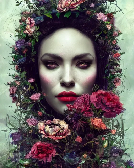 Image similar to portrait of the black queen of the underworld, surrounded by flowers by karol bak, james jean, tom bagshaw, rococo, sharp focus, trending on artstation, cinematic lighting, hyper realism, octane render, 8 k, hyper detailed.