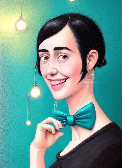 Image similar to portrait of high school girl, realistic, black hair, bangs, half updo hairstyle, pointy nose, skinny, smile, ugly, defined jawline, big chin, teal hair bow, earrings, intricate, elegant, glowing lights, highly detailed, digital painting, artstation, sharp focus, illustration, art by wlop, mars ravelo and greg rutkowski