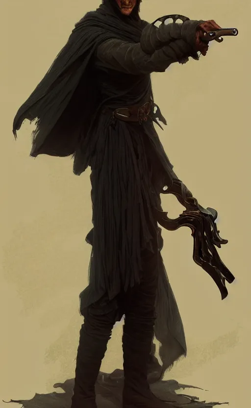 Image similar to Thin roguish cowboy man wearing a black cloak made of very thousands of thin strips of cloth that decay into mist. Holding a revolver. fantasy, highly detailed, digital painting, artstation, concept art, smooth, sharp focus, illustration, art by artgerm and greg rutkowski and alphonse mucha