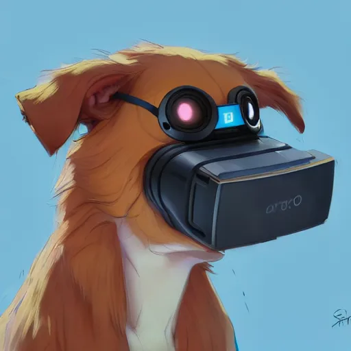 Prompt: a dog wearing a VR headset on its head. By Makoto Shinkai, Stanley Artgerm Lau, WLOP, Rossdraws, James Jean, Andrei Riabovitchev, Marc Simonetti, krenz cushart, Sakimichan, trending on ArtStation, digital art.