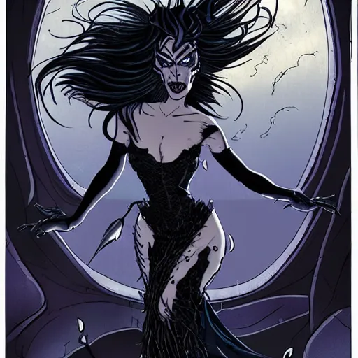Image similar to Jennifer Connelly as dark fae gothic atompunk evil Disney villain queen with black feather hair, feathers growing out of skin, in front of space station window, Mike mignola, trending on artstation, comic book cover, illustration
