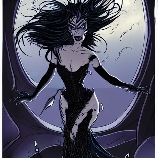 Prompt: Jennifer Connelly as dark fae gothic atompunk evil Disney villain queen with black feather hair, feathers growing out of skin, in front of space station window, Mike mignola, trending on artstation, comic book cover, illustration