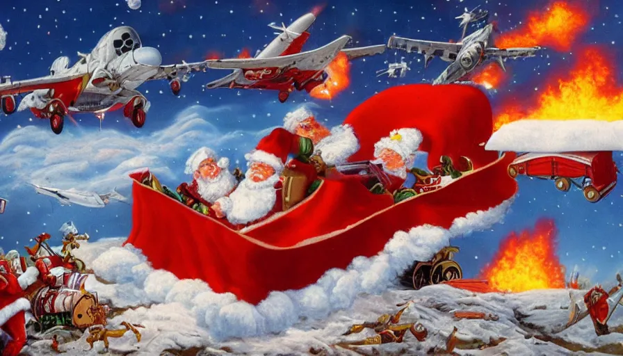 Prompt: santa claus sleigh being shot down by a surface to air missile, fiery explosion, matte painting, hard edges, masterpiece, impressive detail