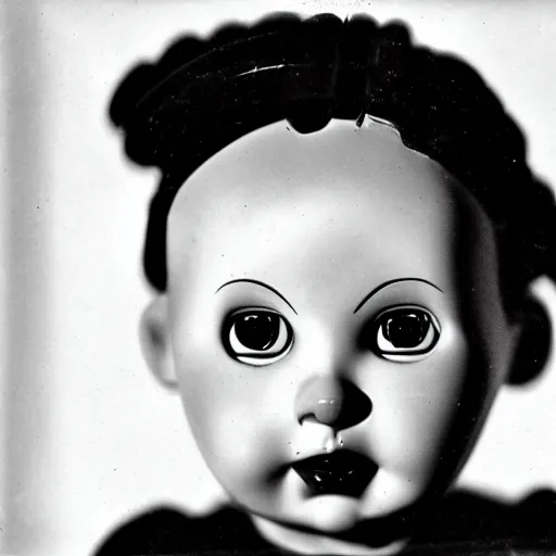 Image similar to a close - up, black and white studio photographic portrait of a doll with a broken face, dramatic backlighting, 1 9 4 0 photo from life magazine