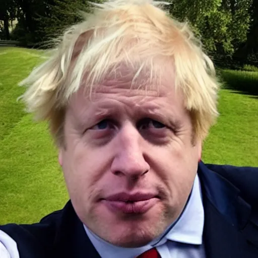 Image similar to boris johnson accidentally taking a selfie with the front camera, very scared, surprised by the camera flash that is so bright in his face