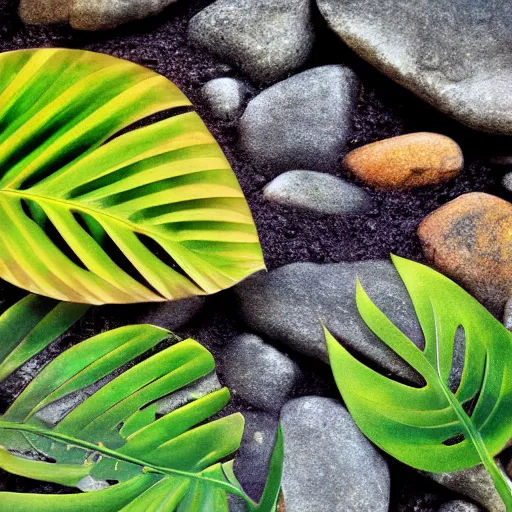 Image similar to tropical leaves, and flowery rocks closeup by rippling clear blue water, bright colorful, zen, minimalist, sunny environment, highly detailed, realistic, up close shot shinji aramaki, karol bak, alphonse mucha