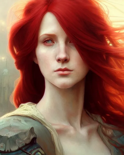 Image similar to long red hair mage, portrait, gentle, scowl, cloth, female, city background, d & d, fantasy, intricate, elegant, digital painting, red green color palette, artstation, octane render, concept art, matte, sharp focus, illustration, herrarthstone, art by artgerm and greg rutkowski and alphonse mucha