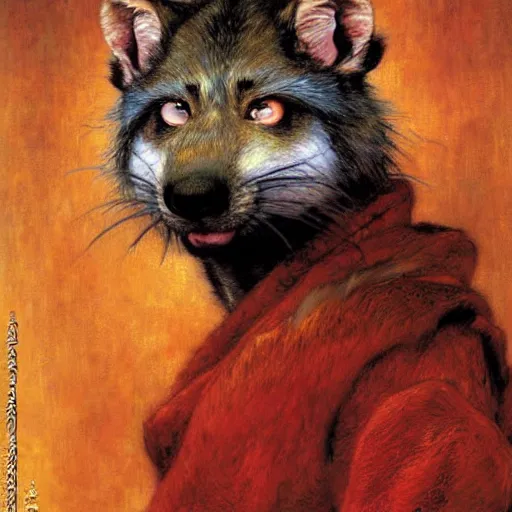 Prompt: a male ratwolfman rat wolf man in a red kimono furry arms furry body. furaffinity furry art detailed face painting by gaston bussiere craig mullins jc leyendecker gustav klimt artgerm greg rutkowski furry