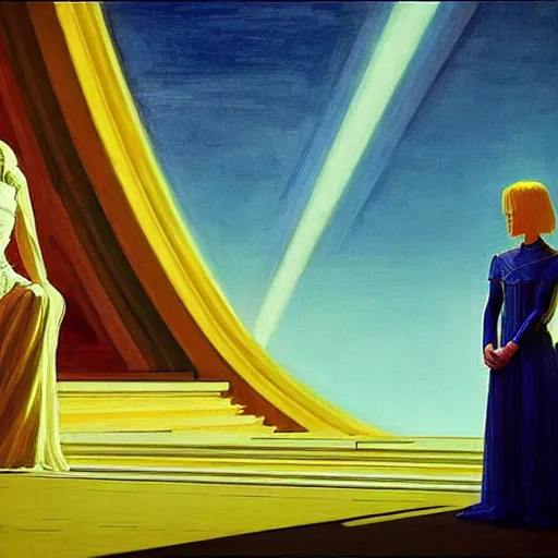 Image similar to closeup : billie eilish as the empress of the universe sits on stellar throne, concept art for a scifi film. by edward hopper. sharp focus, cinematic atmosphere, detailed and intricate, perfect anatomy, meticulous detail