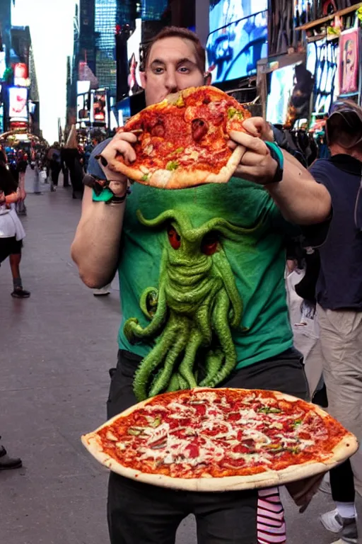 Image similar to a Cthulhu rapper eating pizza in Times Square