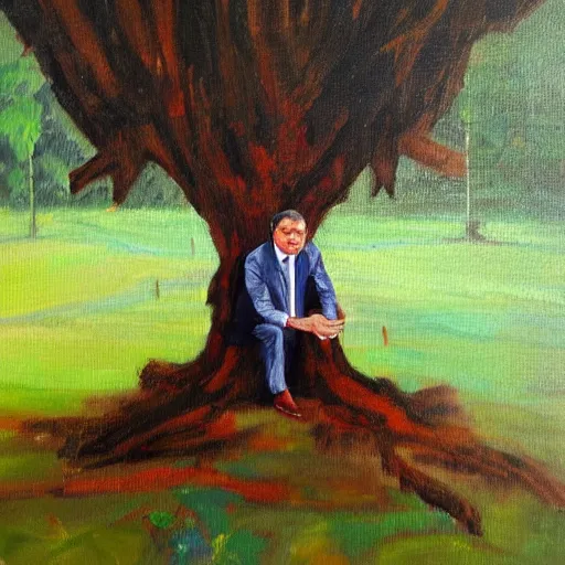 Image similar to viktor orban protecting a tree, oil painting