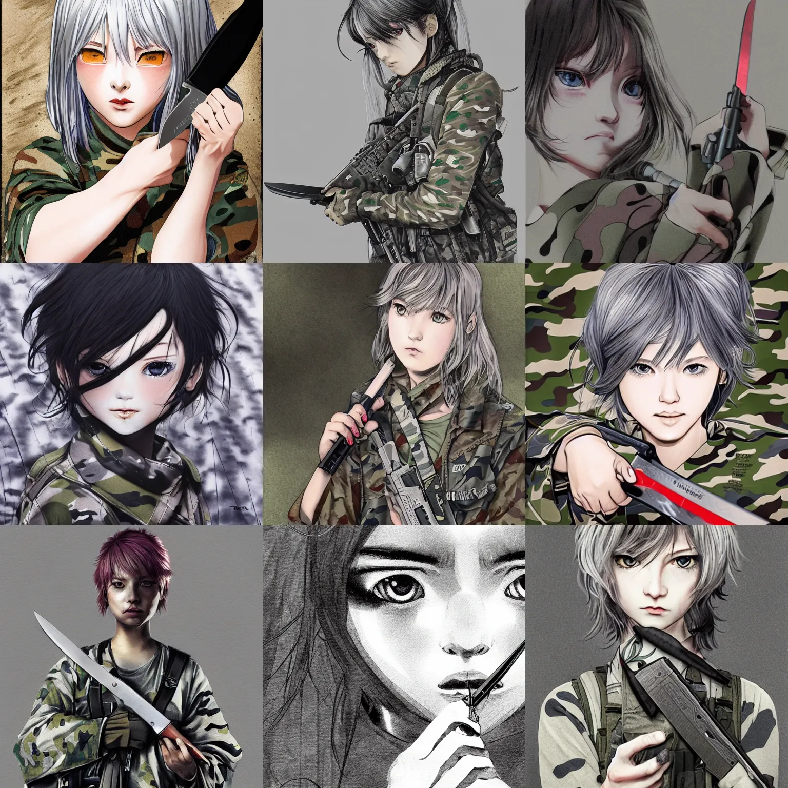 Prompt: silver hair girl ruby eyes, holding a knife, multicam camo, cinematic portrait, ilustration by Takehiko Inoue